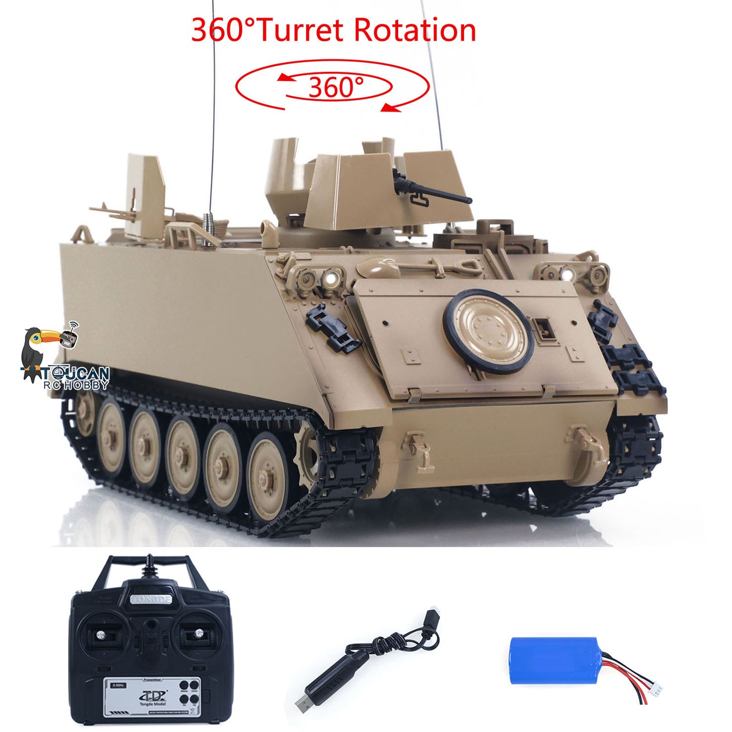 USED 1/16 Tongde RC Tank M2412-B M113A1 ACAV Infrared 360 Turret Rotation Smoking Light Sound Remote Control Electric Model RTR