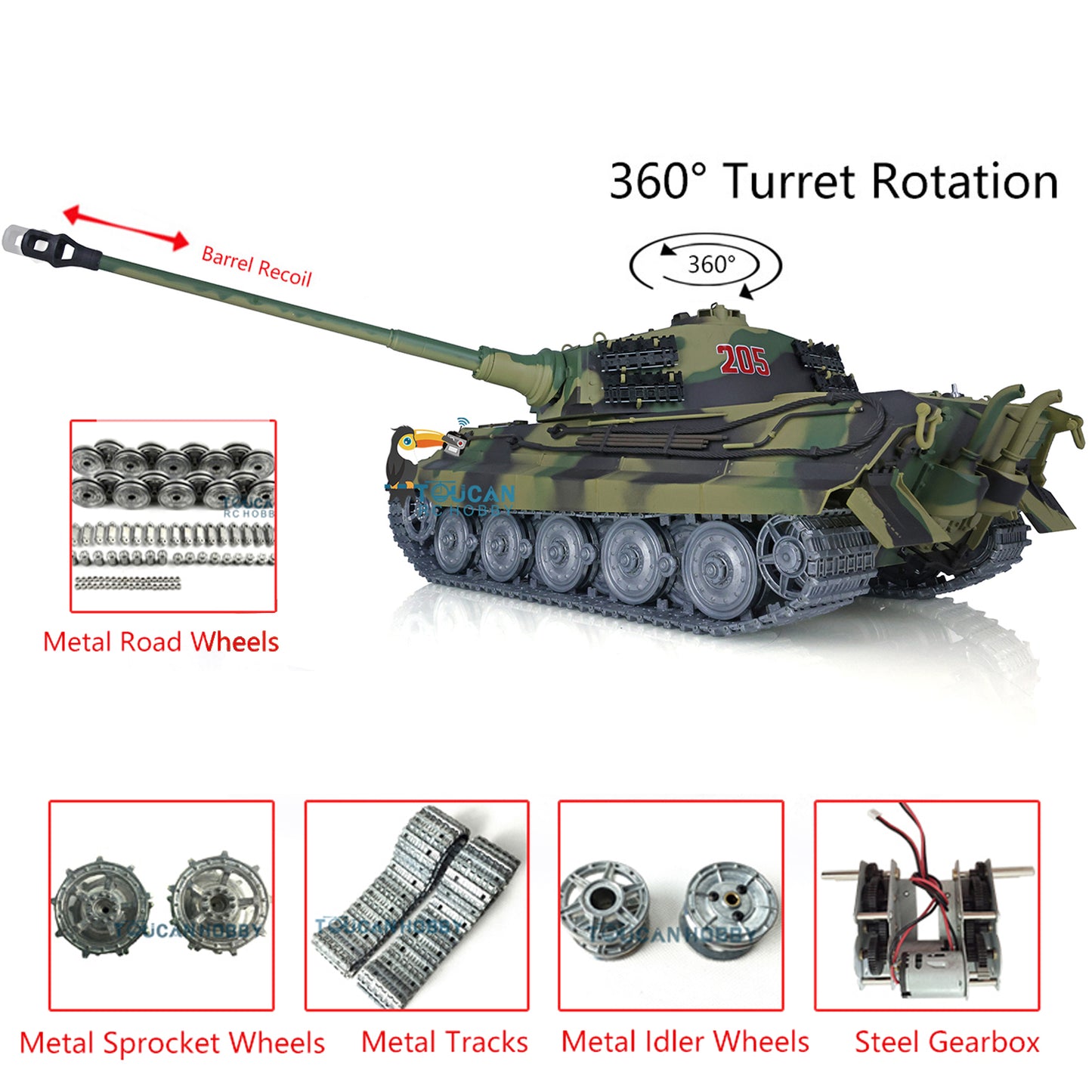 USED Henglong 1/16 7.0 Customized King Tiger RC Tank 3888A Metal Wheels Barrel Recoil