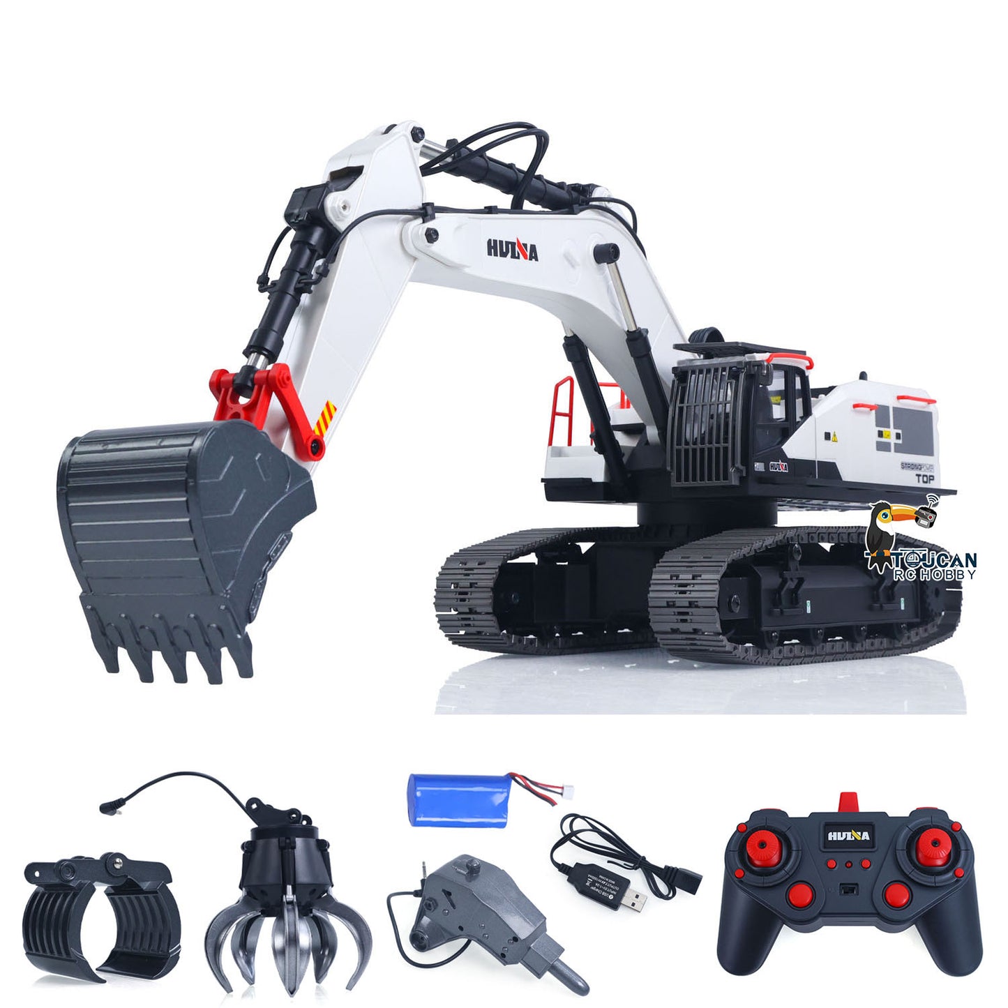 USED 1/14 HUINA RC Metal Excavator Model Toys 1594 Radio Control Digger Light Sound Battery